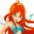 Pixelated cartoon character with long orange hair and blue eyes in four distinct poses: standing, winged, close-up headshot, and heart-shaped frame.