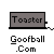 Pixelated toaster with 'Toaster' text, Goofball.Com label, and yellow figure in three states: plain, with white ball on top, and with arms raised.