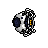 A circular pixel-art icon with a white and dark blue patterned body, yellow accents on the right side, and black outlines. The icon's left section shifts from light to dark gray