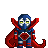 Pixel art character with blue helmet, white mask, yellow eyes, red cape, and red chest emblem on gray background.