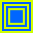 Four blue and yellow square frames arranged in a , each containing nested squares with alternating blue and yellow borders