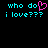 Pixelated cyan text on black background with pink heart replacing 'do' in 'who do i love???', repeated twice.