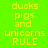 Pixelated yellow text on colored backgrounds reads 'ducks pigs and unicorns RULE' in four distinct