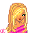 Pixel art contact sheet showing three frames of an animated buddy icon with a blonde character, pink and white clothing, and text elements.