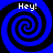 Four identical blue and black spiral patterns arranged in a , each with white text reading "Hey!" at the top