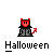 Pixelated red devil with black cape and pitchfork, standing on gray background beneath 'Halloween' text.