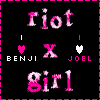 A static image with a black background displaying pink and white text reading "riot x girl" flanked by heart symbols next to "BENJI" and "JOEL".
