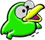 Green cartoon bird with yellow beak and purple mouth, shown in five sequential poses against gray background.