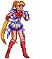 Pixel art of a character with long orange pigtails in sailor-style uniform performing sequential combat poses against gray background.