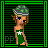 Animated contact sheet showing a pixel art character in green dress with turtle shell hat, performing motion sequence including head turns and text display.