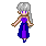 Pixel art character with silver hair and purple eyes in a blue-purple dress, shown in multiple poses with star-like sparkles on gray background.