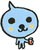 Four static views of a light blue cartoon character with black eyes, yellow cheeks, and orange drink prop against gray background.
