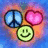 A static image of three icons arranged in a heart shape: a blue peace sign, a pink heart, and a yellow smiley face, all with orange outlines against a blue background.