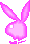 Pixelated pink bunny head with long ears, white square eye, and small mouth on gray background.