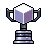 Pixel art trophy with two handles, purple and white body, dark base, and black outlines on gray background.