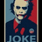 Pixelated image of a character with dark hair and red collar, wearing dark jacket over red shirt, repeated twice vertically on blue-red background.