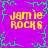 A static image with a purple background and green pixelated border, displaying four identical yellow text blocks reading "jamie rocks" arranged in a