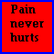 Red background with black pixelated text arranged in four , blue border around the entire composition