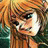 Pixelated anime-style character with orange hair and green eyes, side profile against black background with white text.