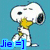 Animated Snoopy in yellow scarf, Cookie Monster cupcake, and blue MP3 player with 'Jie =' and 'Jie :]' text overlays on blue and white backgrounds.