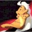 Pixelated static icon of a cartoon character with white hair and yellow skin lying on a red surface against dark background.