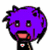 Pixelated character with purple hair, black clothing, and a red-and-white emblem on chest, showing three facial expressions across frames.