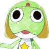 Green cartoon character with large black eyes, red mouth, and brown hair wearing a green cap with red star and yellow star on chest.