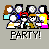 Pixelated group of stylized figures with varied hair colors and clothing, below which is the word 'PARTY!' in blocky pixel font.