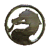 A circular metallic icon with a dragon silhouette inside, rotating through multiple angles showing side profiles and front views.