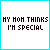 five and five displaying 'MY MOM THINKS I'M SPECIAL' text with cyan border, showing sequential color shifts in the letters