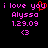 Pixelated text and symbols on black background with pink and red elements, showing 'i love you' above name 'Alyssa', date '1.29.09', and heart symbol.