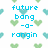 Pixelated blue text reads 'future bang -o- rongin' over a white background with scattered green and cyan heart shapes.