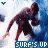 Animated icon of a person in dark wetsuit surfing on blue wave, with 'SURF'S UP' text below and small heart symbol above.