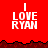 Red background with white pixelated text "I LOVE RYAN" repeated across multiple , separated by dark red jagged borders