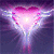 Animated heart-shaped icon with pink and purple gradient, emitting white light rays against dark background.