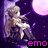 Pixelated anime-style character sits on a rock under a large pink moon, with purple background and pink text 'emo' below.