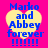 Four identical pixelated heart-shaped icons with blue text on a bright pink background, each displaying 'Marko and Abbey forever !!!!!'