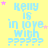 Yellow background with light blue text reading 'Kelly is in love With ?????' and scattered pink stars, repeated across a