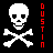 Pixelated skull and crossbones icon with red vertical text reading "GUSTIN" on both sides against a black background.