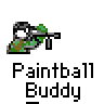 Animated paintball buddy icon showing a soldier character in camouflage firing a paintball gun with green foliage background, displayed as 13 sequential frames on a gray contact sheet.