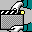 Pixelated animation of a hand holding a clapperboard, with the board's frame and checkered pattern visible.