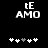 Black background displays white pixelated text 'tE AMO' above a of six plus signs with one gray sign in the middle