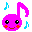 Pixelated pink music note character with black eyes and red cheeks, smiling in one frame and winking in another, surrounded by blue musical notes on gray background.