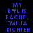 Blue pixelated text on a black background with red gradient effects, displaying 'MY BFFL IS RACHEL EMILIA RICHTER' in four lines.