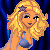 Pixelated blonde woman with star hair clip in blue dress, three variations of facial expression and text elements