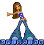 Pixelated avatar of a woman with long brown hair in a blue star-patterned top and teal flared pants, standing with arms extended, text "kristine" below.