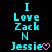 Pixelated cyan text on black background reads "I Love Zach N Jessie" with a pink heart symbol replacing the final letter of "Jessie".