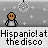 Pixelated character with brown skin and gray shirt dances against silver starry background, text repeats 'Hispanic! at thedisco' below each frame.