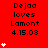 Red background displays repeated text "Dejaa loves Lamont 4.15.08" with white heart symbols increasing in quantity across three