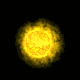 Five yellow-orange circular icons with textured, flame-like edges arranged in two against a black background, with a gray rectangle in the bottom-right corner